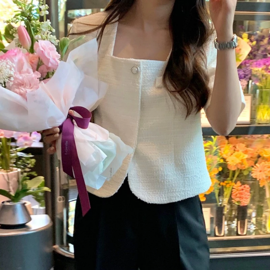 Summer Coat for Women Elegant Suqare Collar Short Sleeve Jacket Korean Slim Short Jackets 2022 Clothing Female Outwear 1886#