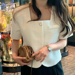 Summer Coat for Women Elegant Suqare Collar Short Sleeve Jacket Korean Slim Short Jackets 2022 Clothing Female Outwear 1886#